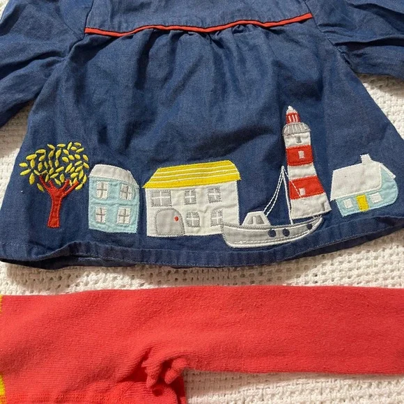 Baby Boden Denim Top Nautical Lighthouse Boat Applique Tights Set 0-3 Months - Picture 2 of 5